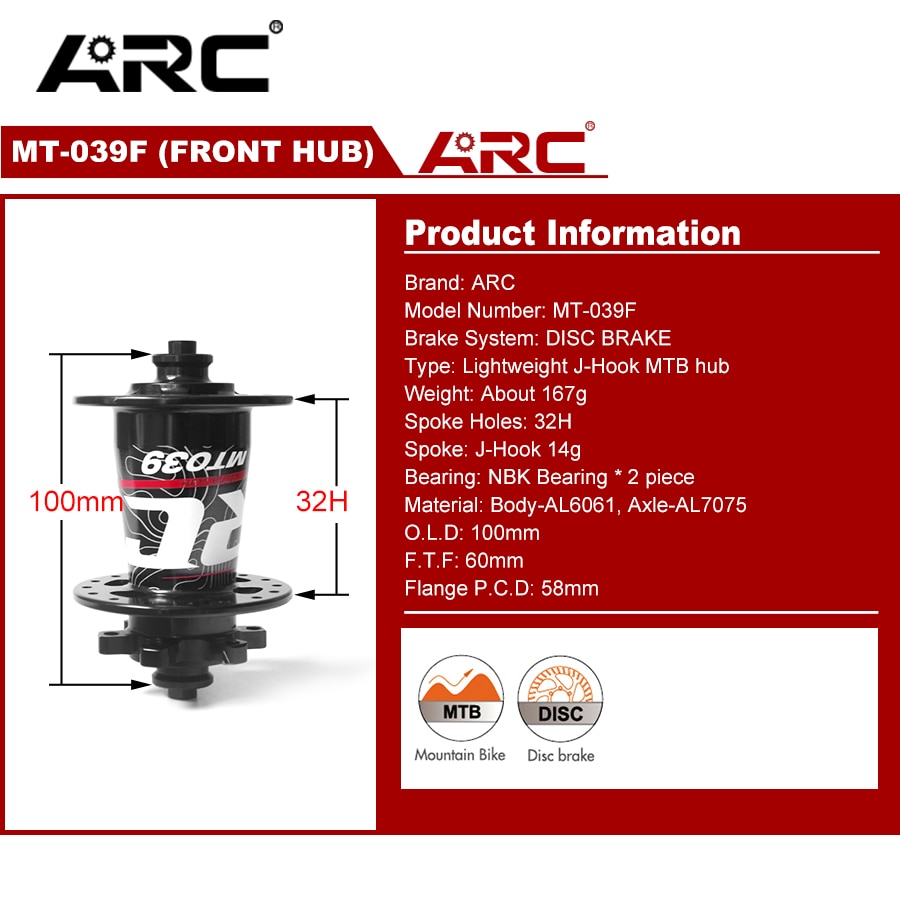 ARC MT039 bicycle front hub for MTB mountain bike 32 holes quick release/thru axis