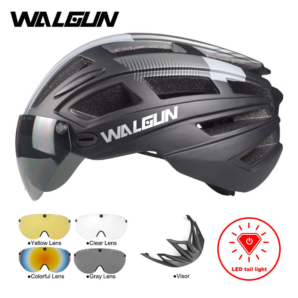 WALGUN WG983 MTB Mountain Bike Helmet L with LED Light Goggles Lens Sun Visor Road Bicycle Cycling Helmets for Men Women Adult