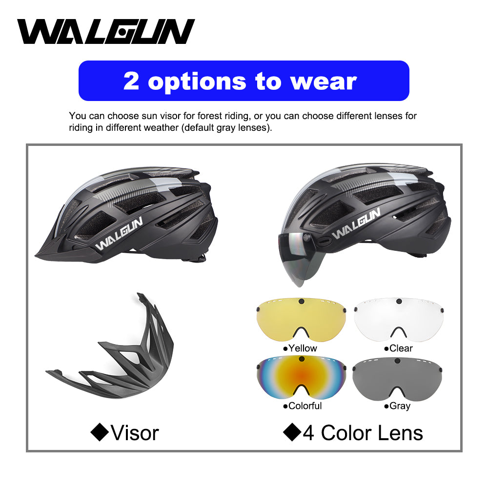 WALGUN WG983 MTB Mountain Bike Helmet L with LED Light Goggles Lens Sun Visor Road Bicycle Cycling Helmets for Men Women Adult